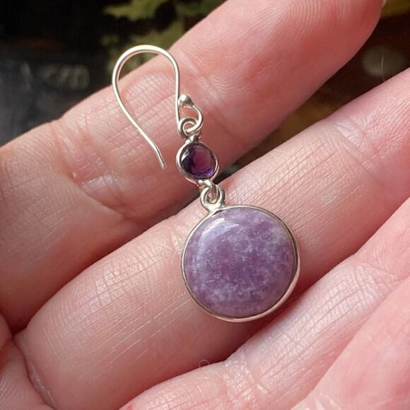 Purple Lepidolite & Amethyst Sterling Earrings - Picture 5 of 7